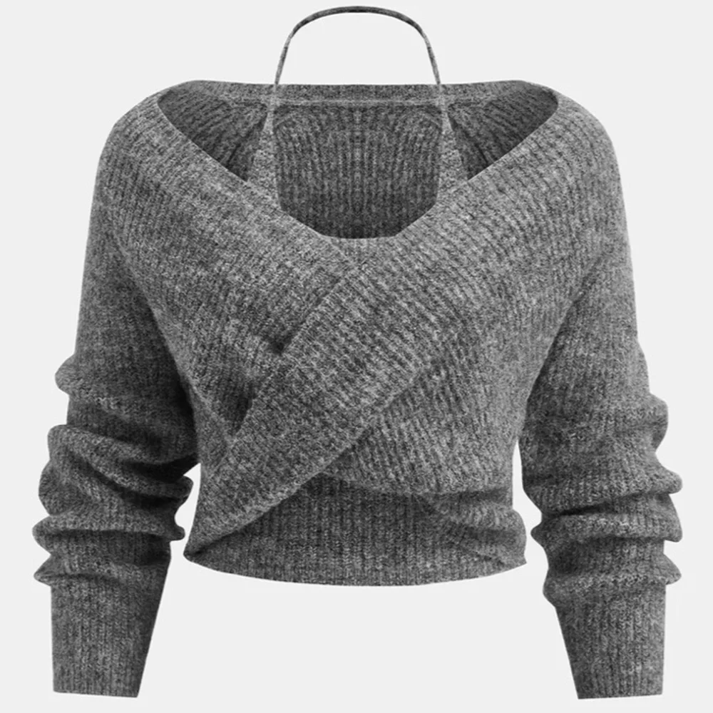 NWT WOOL BLEND CROSSOVER HALTER KNIT TOP TWO PIECE SET IN GREY SZ XS - Picture 1 of 5